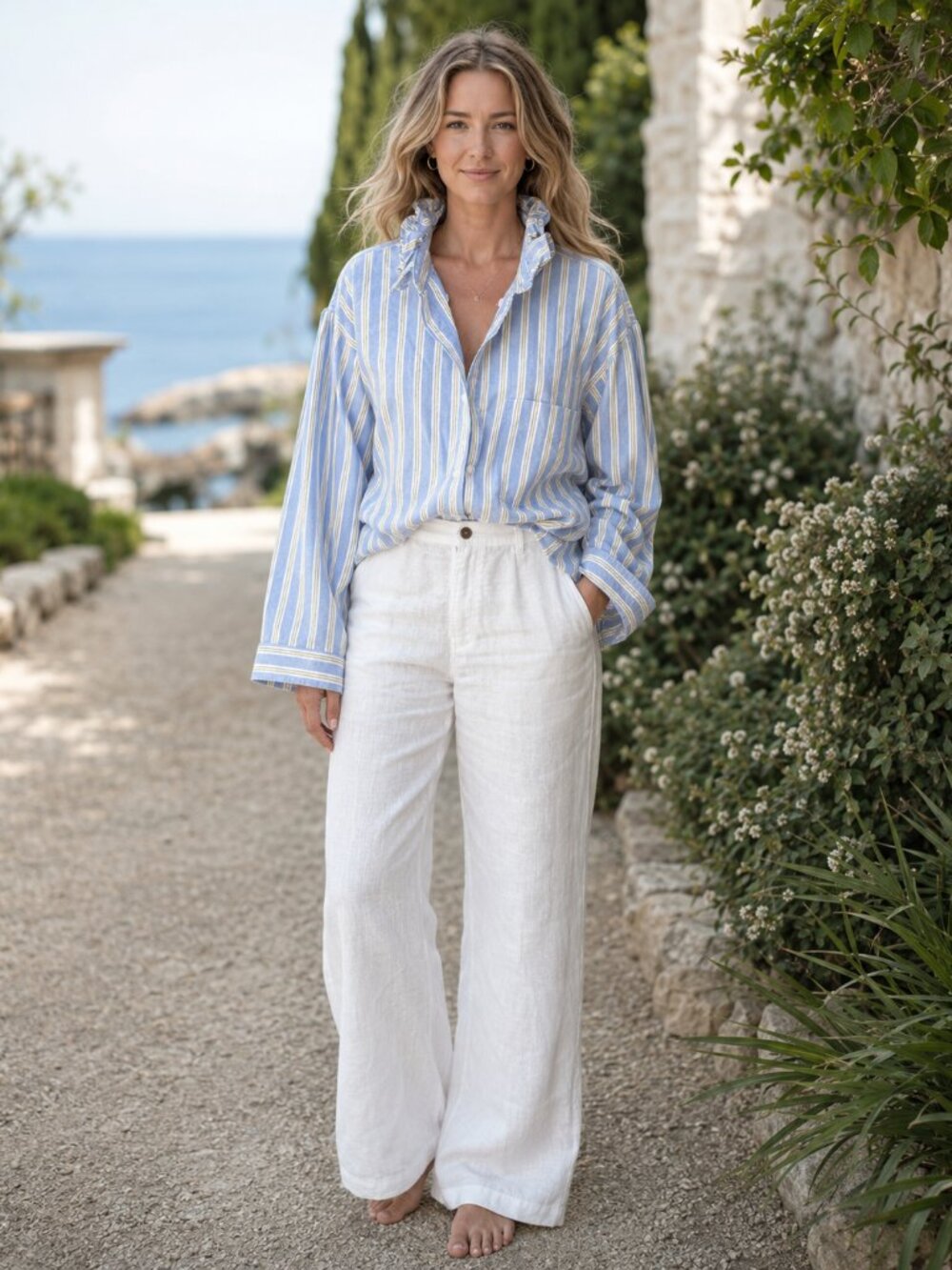 Coastal Striped Ruffle Collar Blouse, Upcycled Cotton Button Down, Women’s Large
